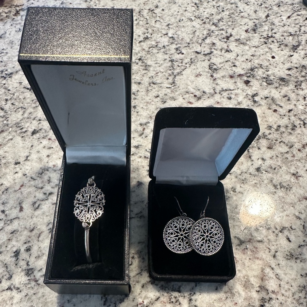 925 Sterling Silver Filigree Jewelry Set – Boho Statement Earrings & Bracelet